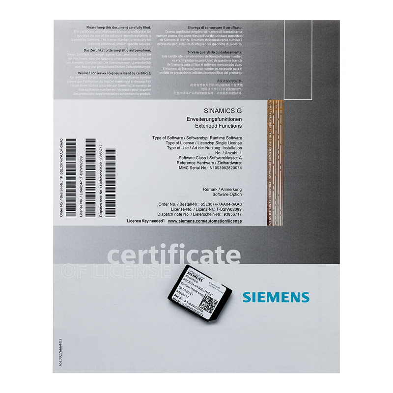 Siemens 6SL3074-0AA10-0AA0 SINAMICS Drive Software / Memory Card
